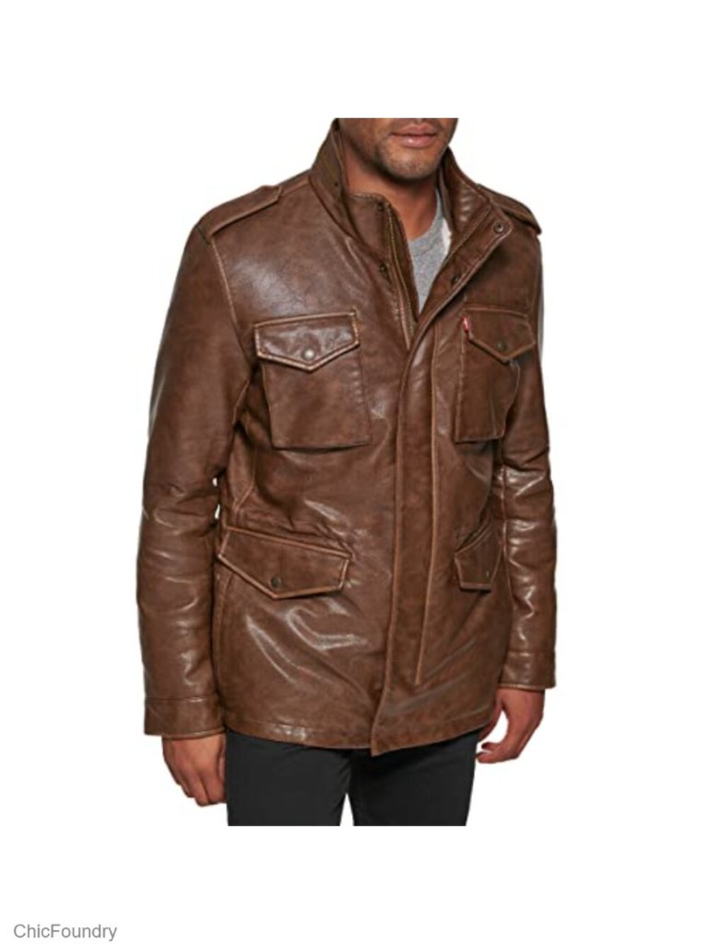 Men's Faux Leather Field Jacket with Snap Pockets